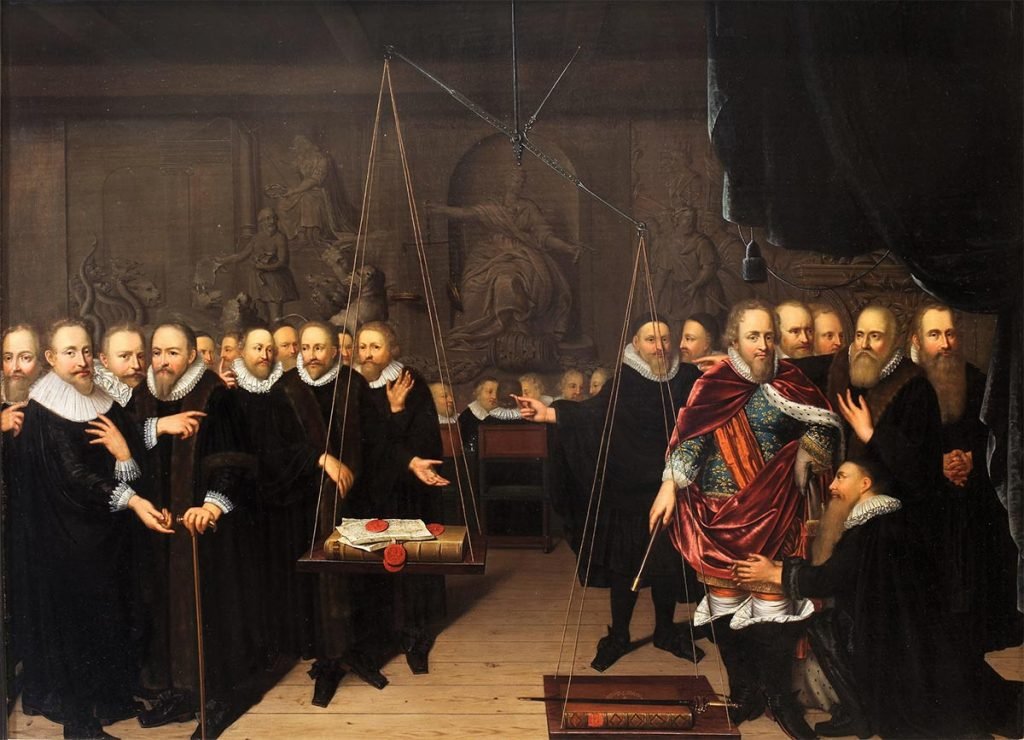 Alegoría de la disputa teológica entre los arminianistas y sus oponentes, por Abraham van der Eyk, 1721.