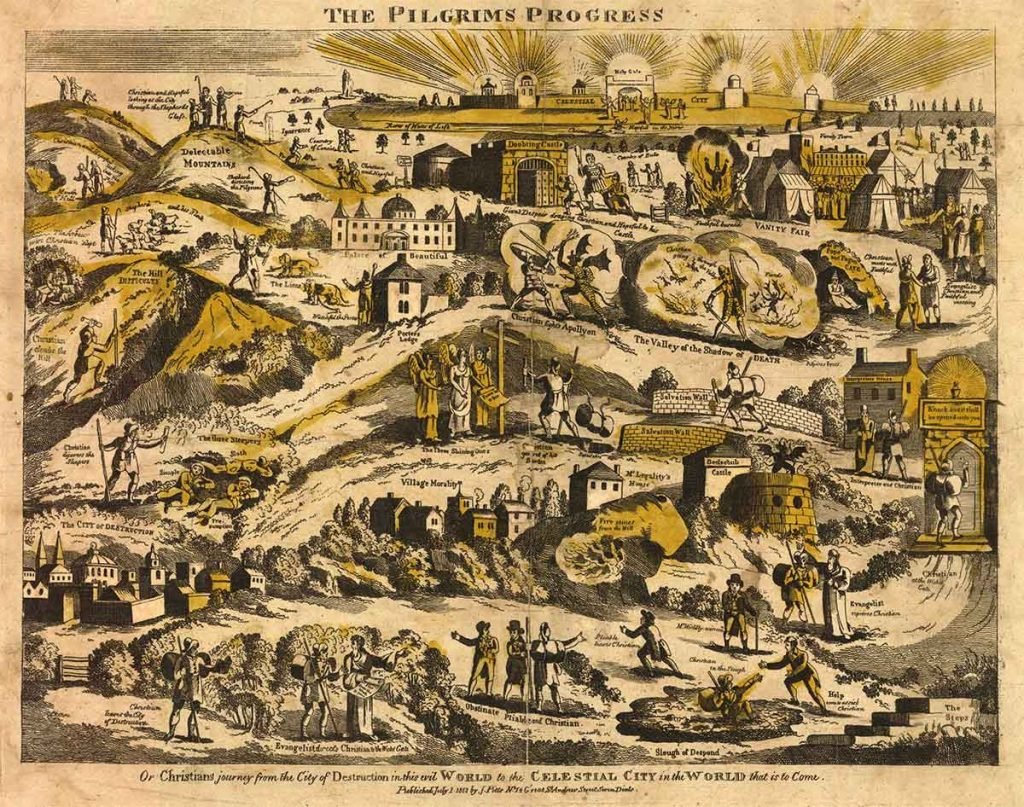 Ilustración que representa la ruta de cristiano hasta la Ciudad Celestial