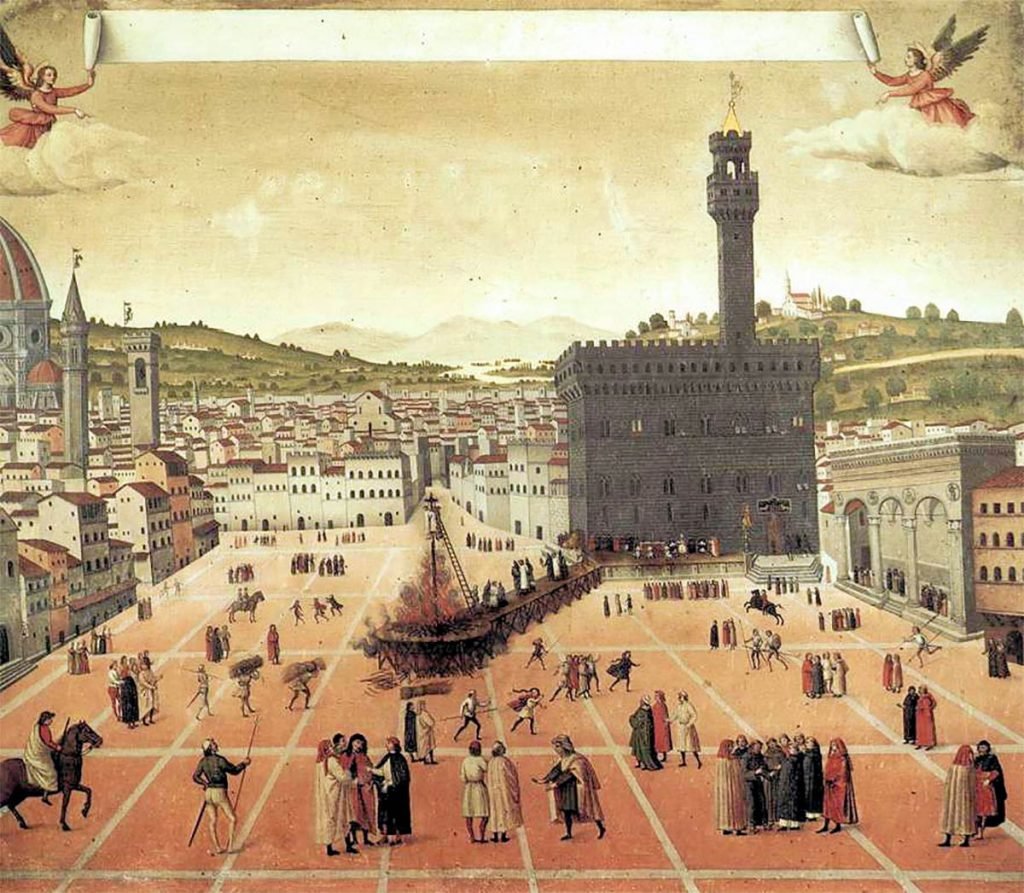 Pintura que representa la ejecución de Savonarola en la Piazza della Signoria.
