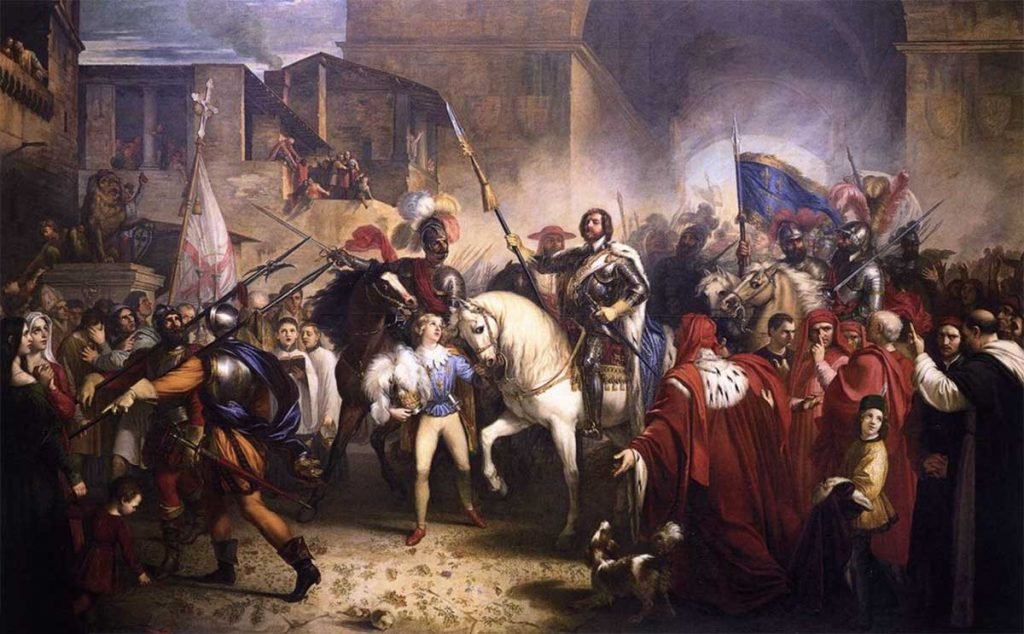 Pintura de Giuseppe Bezzuoli  que representa la entrada del rey francés Carlos VIII en la ciudad de Florencia.
