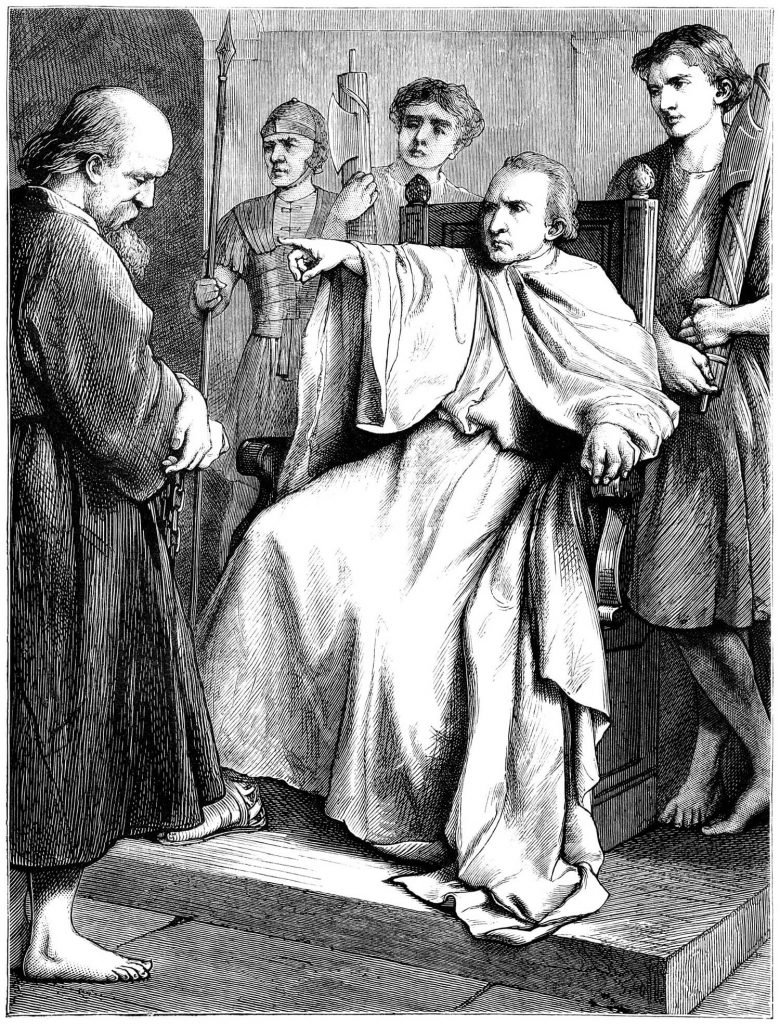 Representación de Policarpo parado ante el procónsul romano y resistiéndose a negar a Cristo.