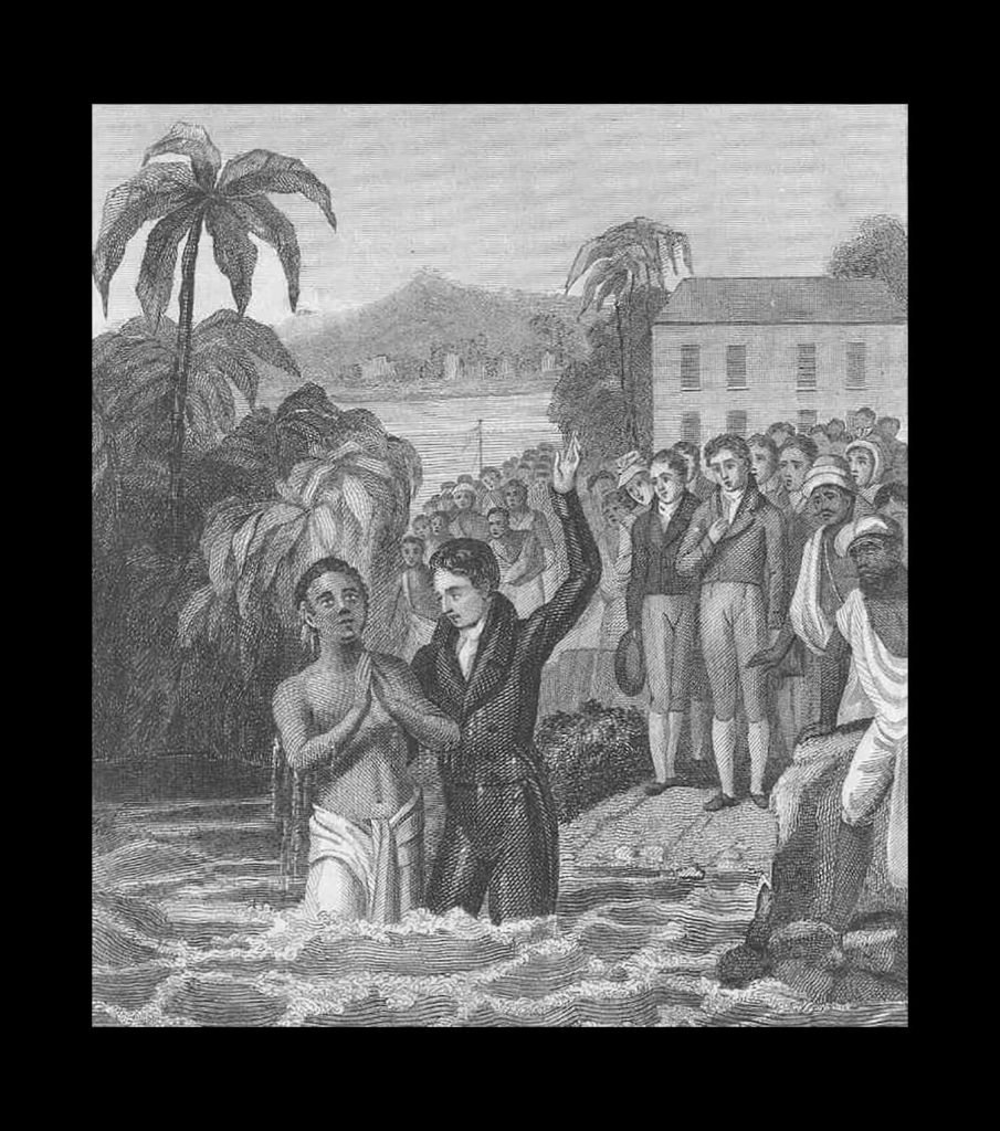 Bautismo del primer converso producto del ministerio de Carey en la India.