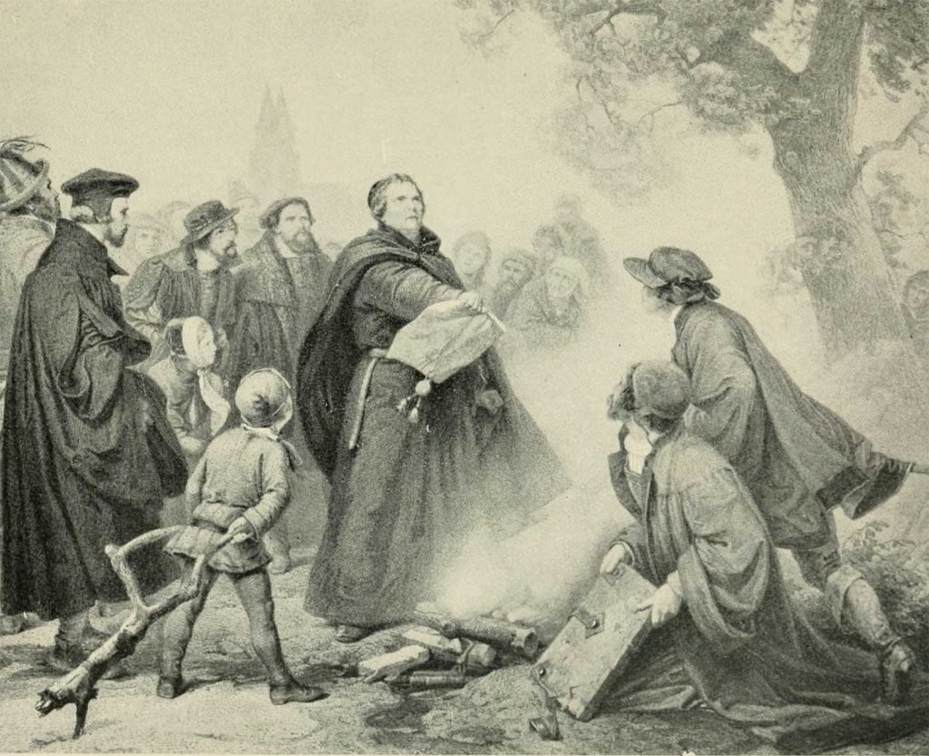 Quema de la Bula papal por parte de Lutero en 1520.