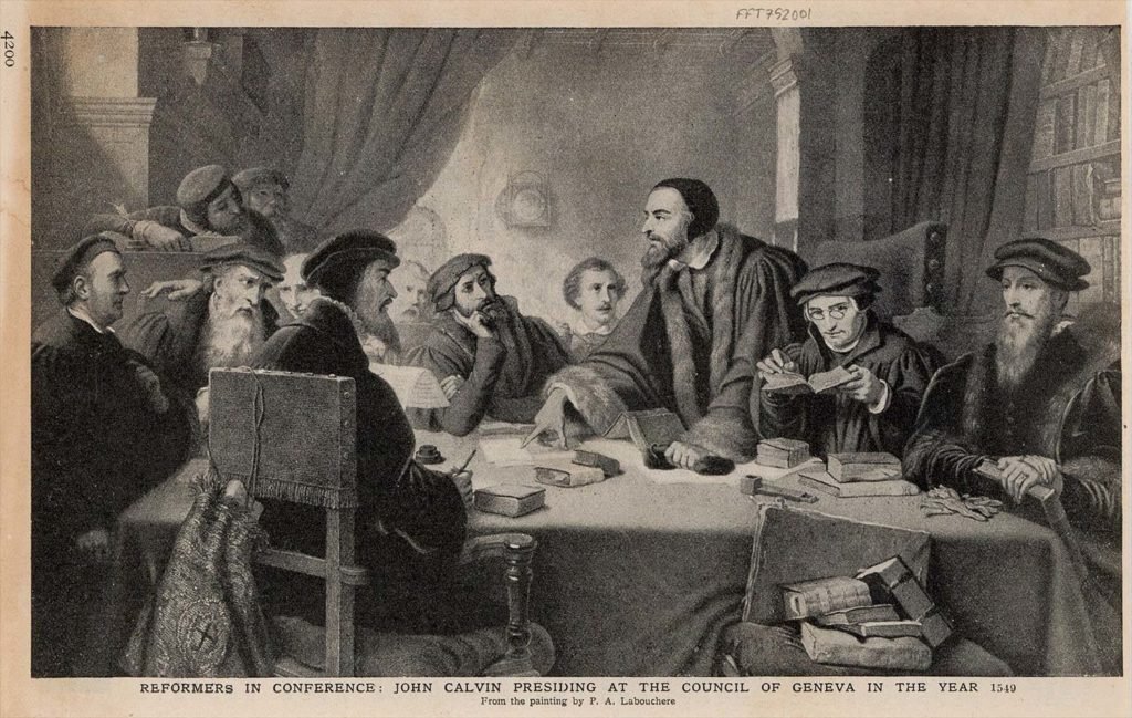 Juan Calvino presidiendo un concilio en la ciudad de Ginebra.