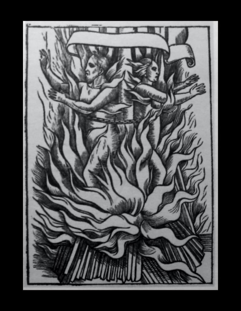 Ilustración del libro de Foxe del martirio de Alexander Gouch y su esposa en 1558