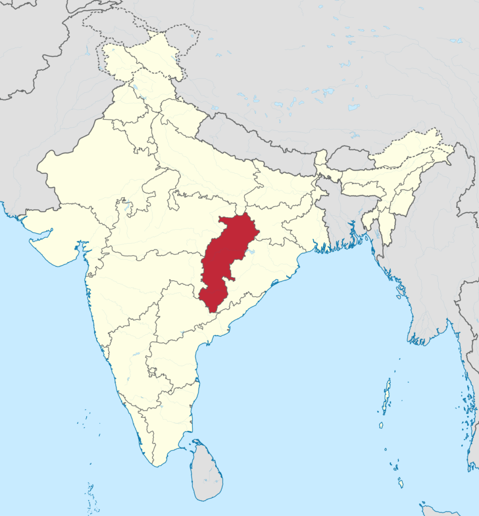 Ubicación del estado de Chhattisgarh.