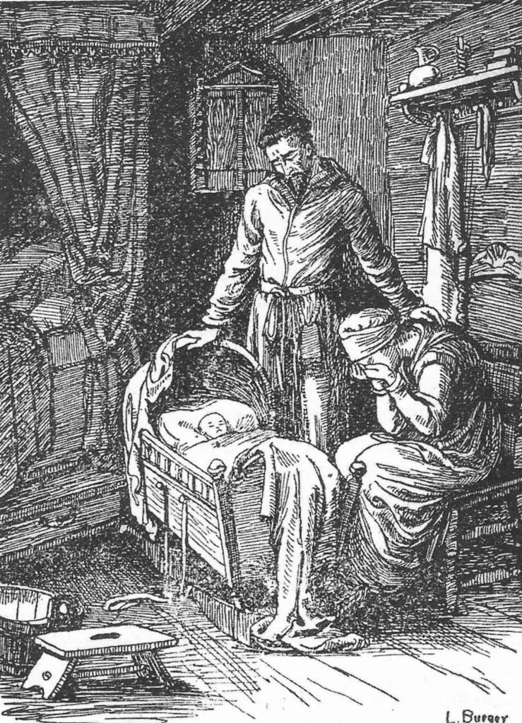 Ilustración que representa la muerte de uno de los hijos de los Calvino.