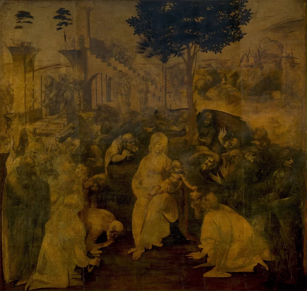 Adoración de los magos, por Leonardo da Vinci.