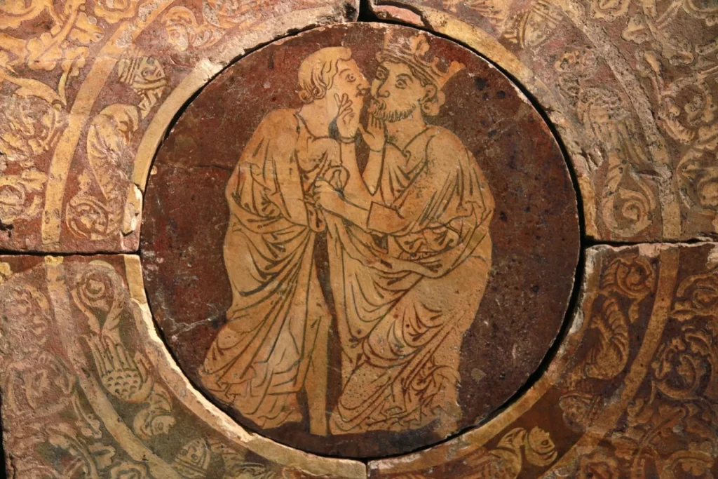 Representación medieval de el beso de la paz.